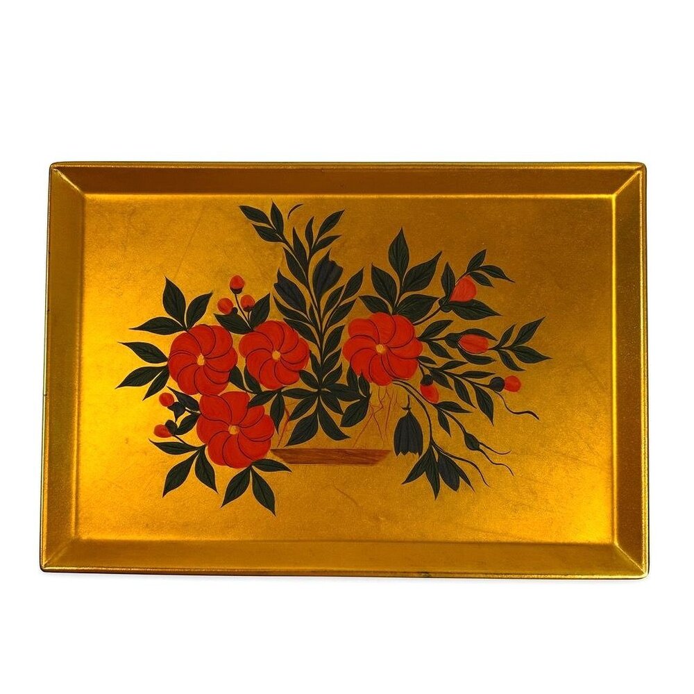 Floral Trinket Tray DIsh Catch All Japanese Laquerware Gold Leaf Hand Painted
